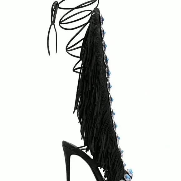 Black Bohemian Women'sGemstone Straps Fringe Detail Knee High Stiletto Boots f - Picture 6 of 10